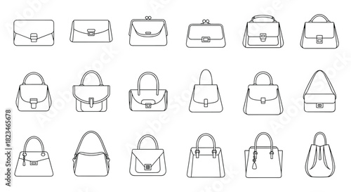 A comprehensive collection of minimalist line art illustrations depicting various styles of women's handbags and purses, suitable for fashion and accessory design projects.