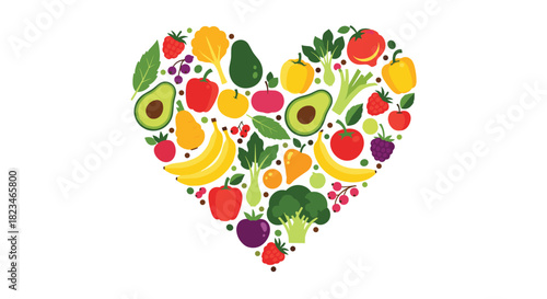 Colorful and fresh fruits and vegetables arranged in a heart shape on a white background, symbolizing healthy eating and nutrition.