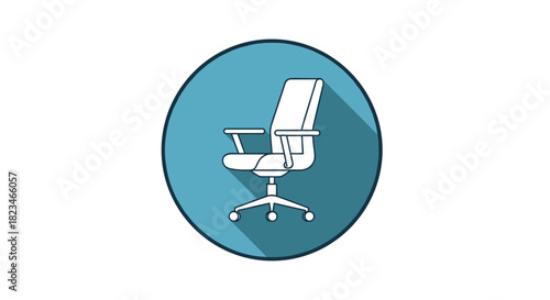 A flat design icon of a modern swivel office chair with armrests and wheels, featuring a white outline within a teal blue circle and a long shadow effect.