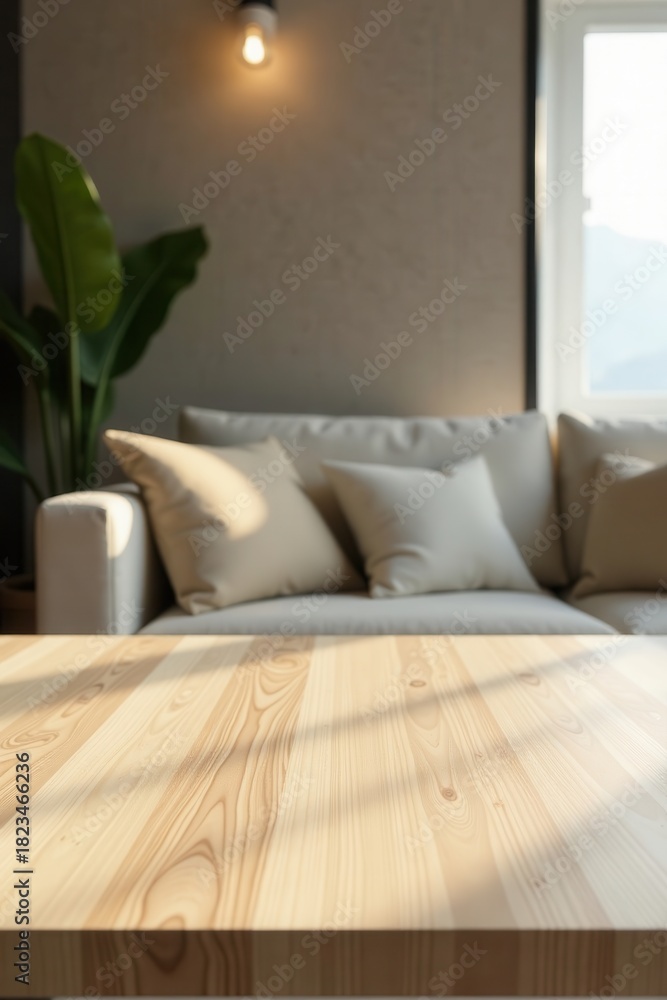 Naklejka premium Light streaming through a window illuminates a minimalist living room's wooden surface, showcasing a calming, sun-drenched interior scene.