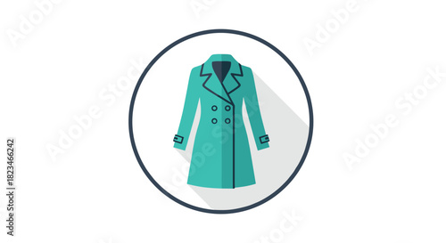 A minimalist flat design icon of a teal trench coat with a double-breasted front and a subtle long shadow within a circular frame.