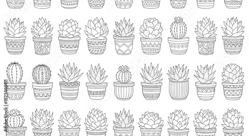 Seamless pattern of various potted succulents and cacti in black and white line art, perfect for coloring, textile, or modern botanical designs.