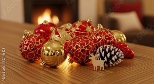 Red and gold Christmas ornaments, pinecone, wooden reindeer on table, fireplace glow