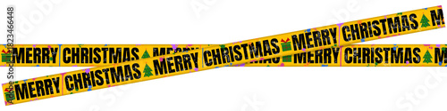 Yellow Caution Tape with Bold Black “Merry Christmas” Text – Festive Holiday Banner with Christmas Tree and Gift Icons and Multicolored Paint Splatter on Transparent Background