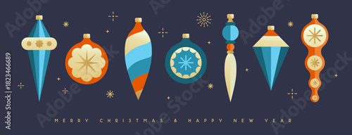 Set of flat holiday Christmas tree toys, baubles, knick knacks, decorations isolated on dark blue background. Vector illustration