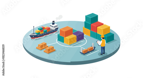 global logistics management with cargo ship and containers on platform illustrating supply chain efficiency and trade network perfect for business presentation