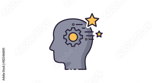 Innovative thinking a gray head with a gear processes bright ideas perfect for illustrating creative solutions and concepts in business blogs and tech websites.