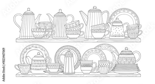 A detailed line art illustration featuring an elegant collection of assorted teapots, teacups, and dinnerware arranged neatly on two shelves.
