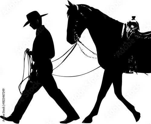 Silhouette of a cowboy leading his horse, emphasizing themes of ranching and the old west adventure