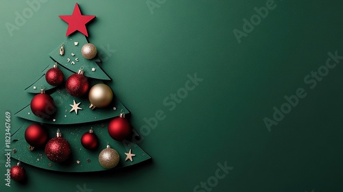 Christmas tree with ornaments on green background, flat lay composition in paper cut art style, minimalist simple design for holiday card, social media, and web banner.