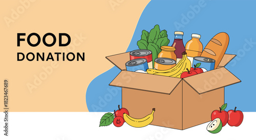 An appealing illustration of a brown cardboard box packed with various essential groceries and fresh produce for food donations and charity.