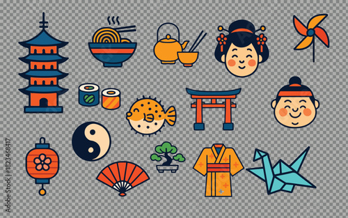 Japan themed cultural icon set diverse symbols vector