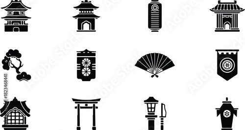 Japanese cultural symbols set vector silhouette design