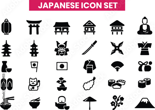 Japanese culture icon set black and white illustration