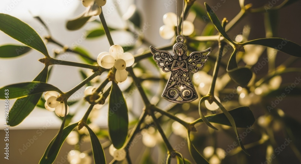 Obraz premium Silver angel ornament hangs delicately within vibrant mistletoe with white berries, warm glow