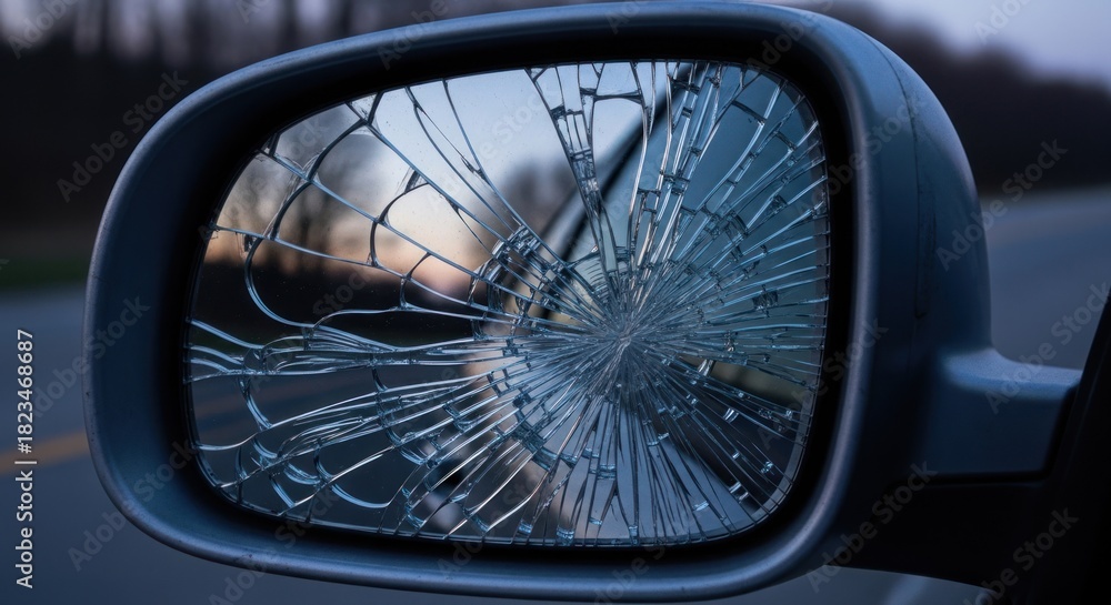 Fototapeta premium Shattered car wing mirror showing a fractured reflection of a highway and sunset