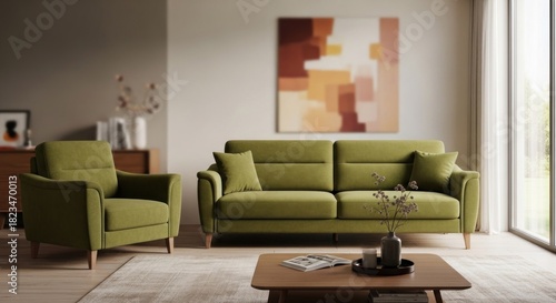 Wallpaper Mural Stylish modern living room with olive green couch set, wooden table, abstract art, light Torontodigital.ca