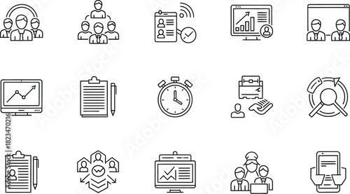 Business Collaboration & Productivity Line Art Icons – Vector Set for Teamwork, Meetings, and Performance Tracking