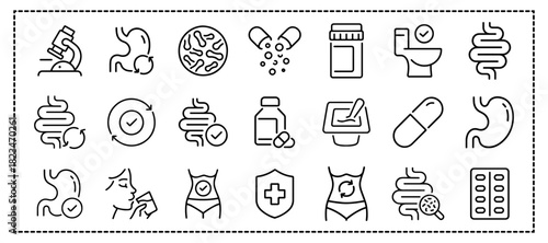 Digestion, intestine, stomach, and probiotics editable stroke outline icons set isolated on white background. vector eps file
