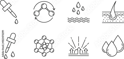 Scientific & Chemical Process Line Art Icons – Vector Set for Lab, Water, Molecular, and Reaction Concepts