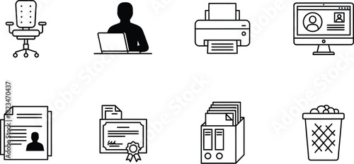 Office & Administrative Workflow Line Art Icons – Vector Set for Productivity, Documentation, and Workspace Management