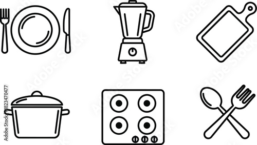 Kitchen Essentials & Cooking Appliances Line Art Icons – Vector Set for Meal Prep, Dining, and Home Culinary Tools