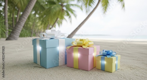 Fototapeta Naklejka Na Ścianę i Meble -  Three glowing wrapped gifts on a tropical sandy beach with palm trees and ocean