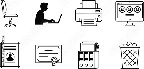 Office & Workplace Essentials Line Art Icons – Vector Set for Business, Productivity, and Administrative Tasks