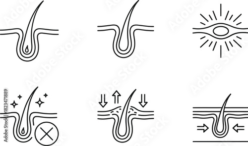 Hair Follicle & Skin Care Line Art Icons – Vector Set for Dermatology, Hair Growth, and Treatment Concepts