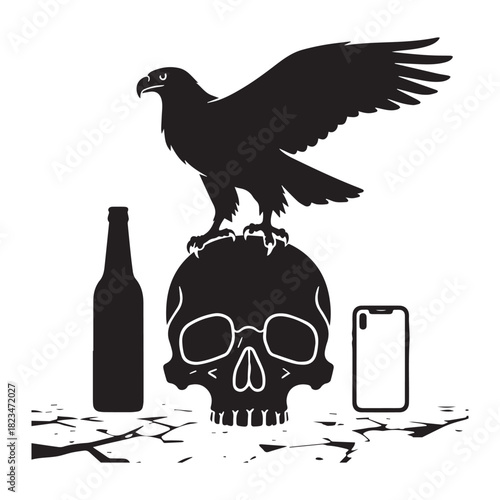 Eagle Perched on Skull with Smartphone and Bottle Modern Life Stillness.