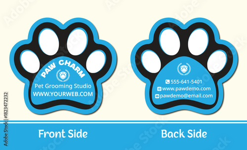 Die-cut Paw Shape Business Card Template - Modern Blue and Black Design for Pet Grooming Studio, Veterinary Clinic, or Pet Shop Branding