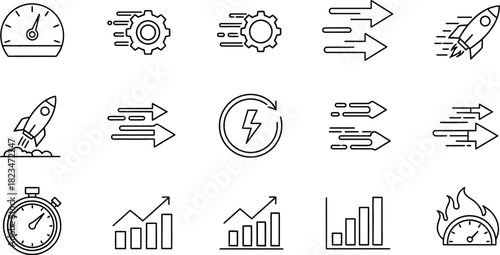 Performance & Progress Line Art Icons – Vector Set for Speed, Growth, Efficiency, and Business Momentum