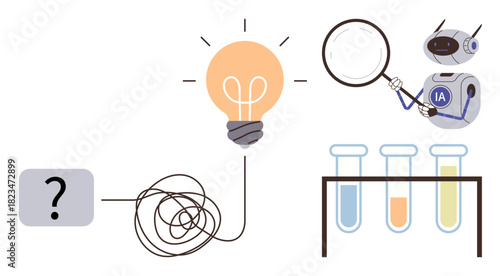 Question mark linked to lightbulb, AI robot analyzing data using magnifier, test tubes. Ideal for innovation, problem-solving, research, artificial intelligence, technology, creativity discovery