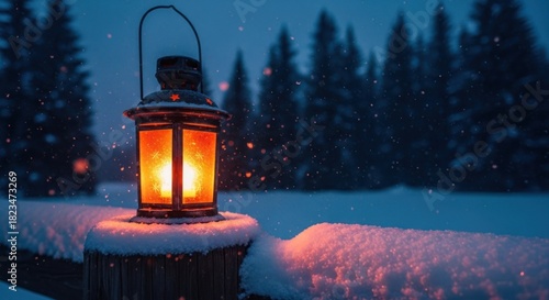 Warm glowing lantern on a snow-covered fence post in a dark winter forest