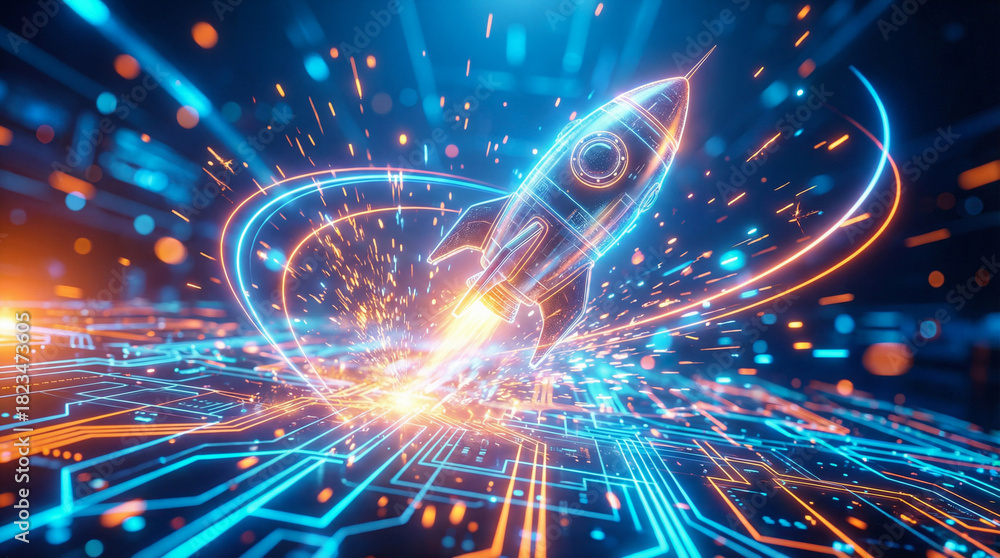 Obraz premium Cyber rocket launch on glowing digital board