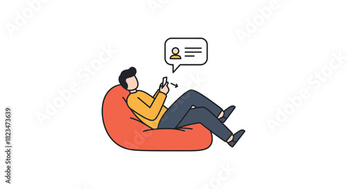 Man using smartphone on beanbag social media update person chatting modern technology comfortable lifestyle connection messaging app relax
