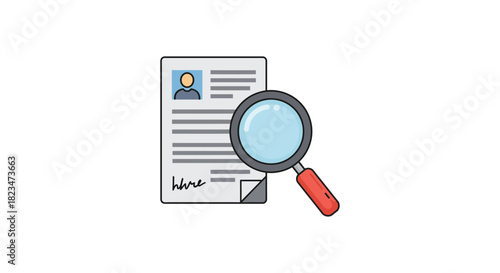 resume review examining a job application with a magnifying glass representing recruitment process for talent search and employment opportunities.