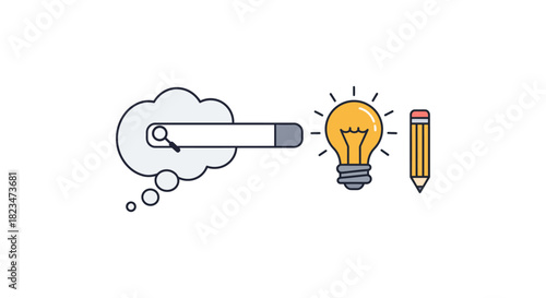 Search for idea brainstorming for creative project using search lightbulb and pencil illustrating innovation ideal for education blogs.