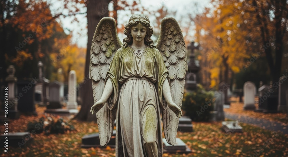 Obraz premium Weathered stone angel statue standing among fallen autumn leaves in a quiet cemetery