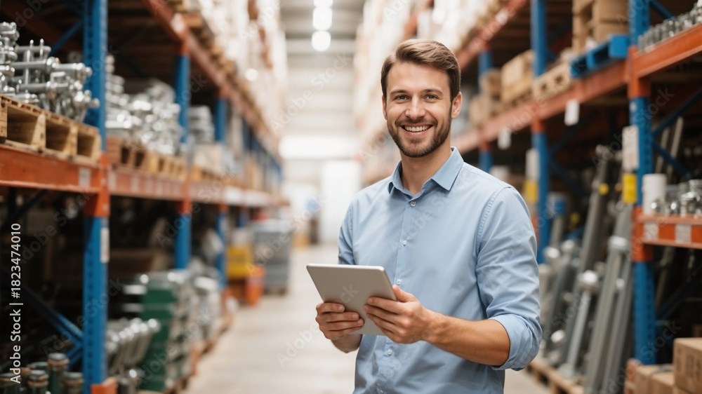 © miracle - Cheerful man with tablet in hardware store warehouse