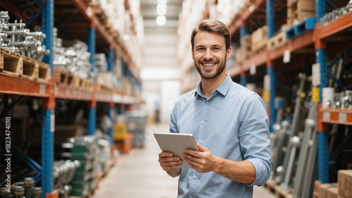 Cheerful man with tablet in hardware store warehouse