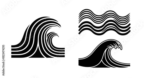 A collection of stylized black and white ocean wave vector icons.