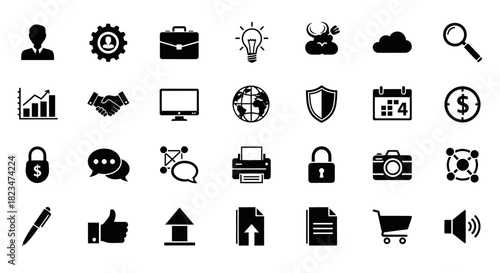 A diverse set of black solid glyph icons for business and technology.