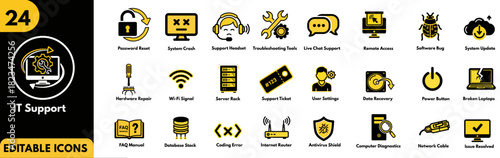 A comprehensive collection of editable line icons representing IT support services, technical assistance, and network administration