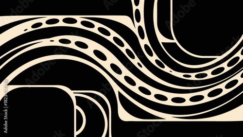 Abstract black and white design with curved lines and patterns.