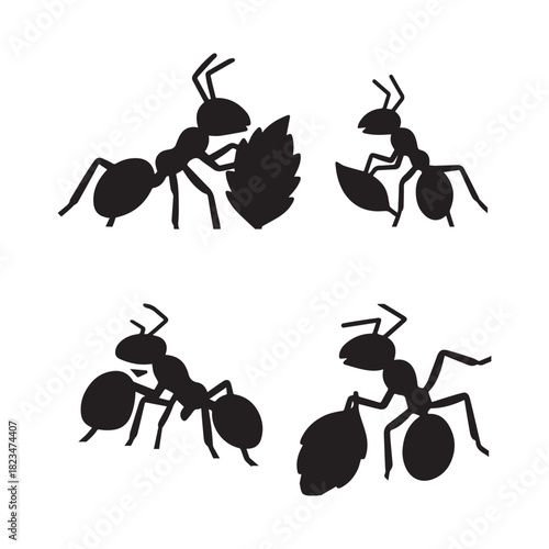  Four Stylized Ant Silhouettes Carrying Leaves Hard Work and Teamwork Concept.