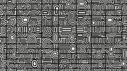 Abstract black and white pattern with geometric shapes and lines.