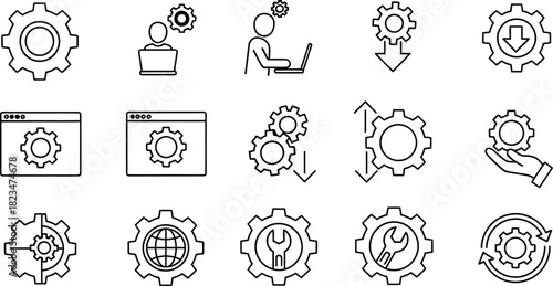 Gear & Settings Line Art Icons – Minimalist Vector Set for Tech, Tools & Configuration Design