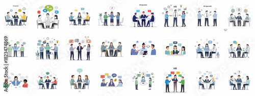 A collection of vector illustrations depicting HR specialists resolving workplace conflicts, mediating labor disputes, and providing professional consultation in various office settings.