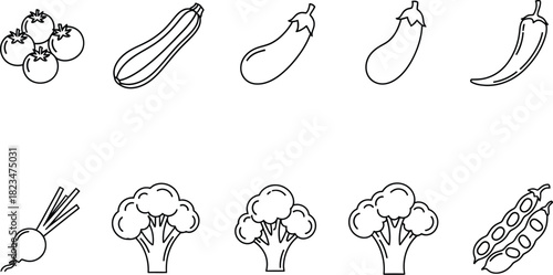 Fresh Vegetables Line Art Icons Set